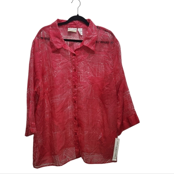 NWT Alfred Dunner Port Antonio Blouse Size 22W Dark Pink Red Sheer Button Down - Picture 1 of 8
